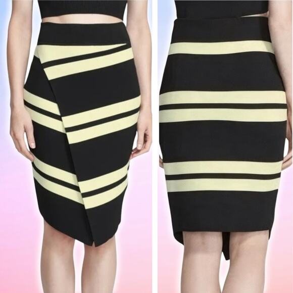 A.LC. Clift Wrap Front Pencil Bandage Skirt Sz Small Black Striped Cream - Picture 1 of 7